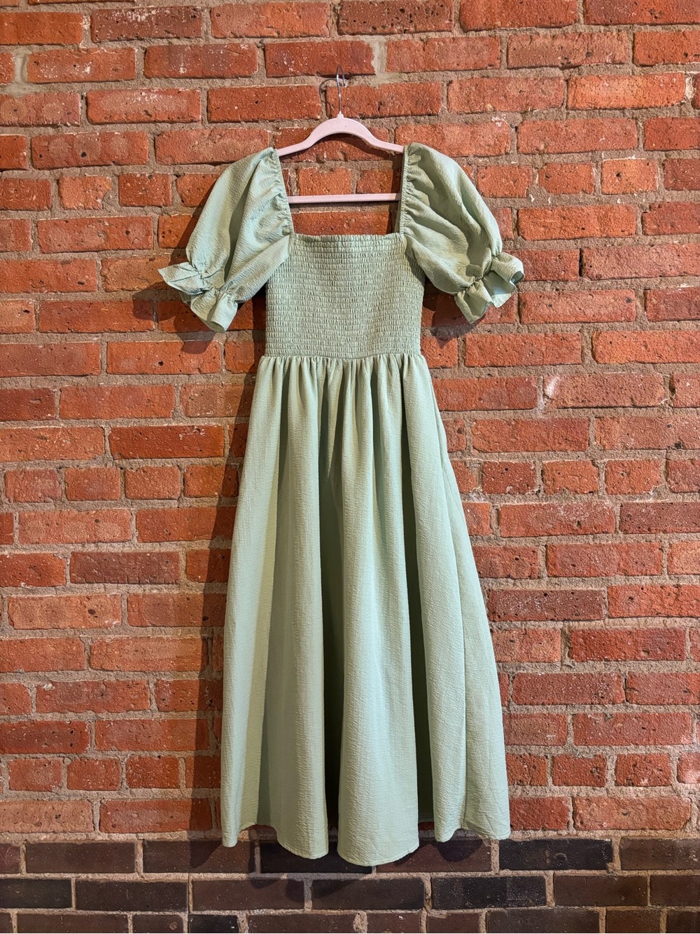 Smocked Puff Sleeve Dress in Sage Green